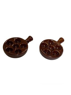 Vintage Ceramic Brown Glazed Escargot Mushroom Cap Baking Serving Dish Set Of 2